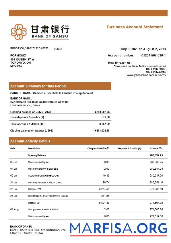 Printable Bank of Gansu business checking account statement Word and PDF template